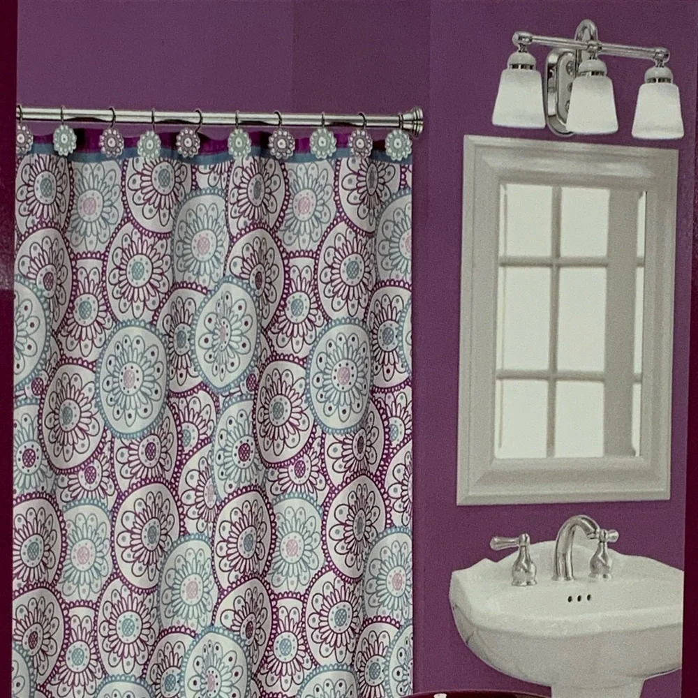 Dream Wheels Fabric Material Shower Curtain 70in X 72 in Purple Teal White